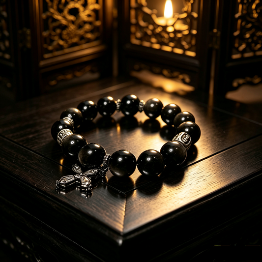Vintage Cross Silver Sheen Obsidian Bracelet